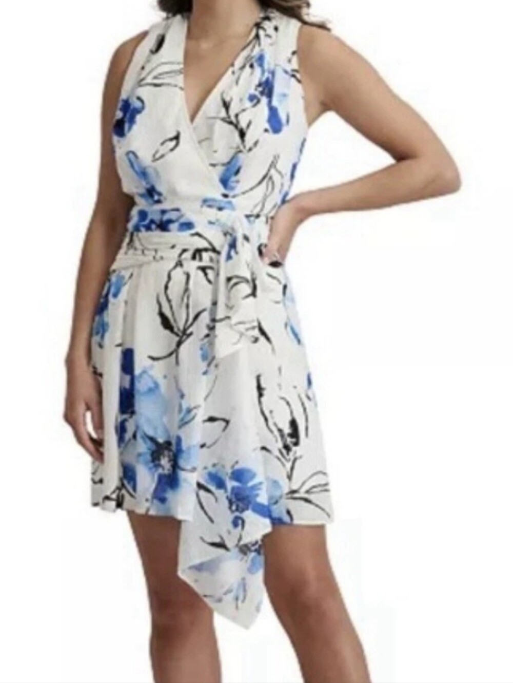 DKNY NWT $129 Blue Floral Wrap Dress Size 10 Sleeveless V Neck Tie Waist